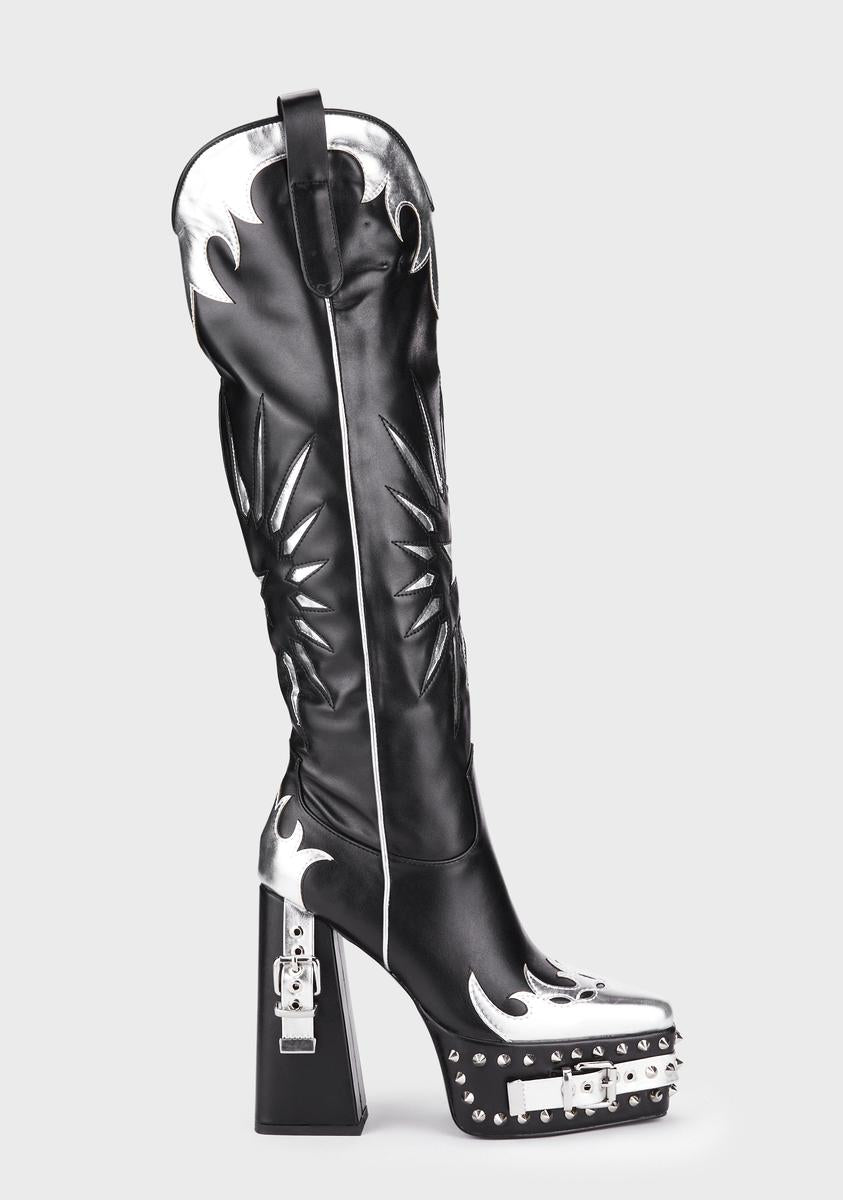 Azalea Wang x Dolls Kill Flame Star Platform Cowboy Boots Black/Silver