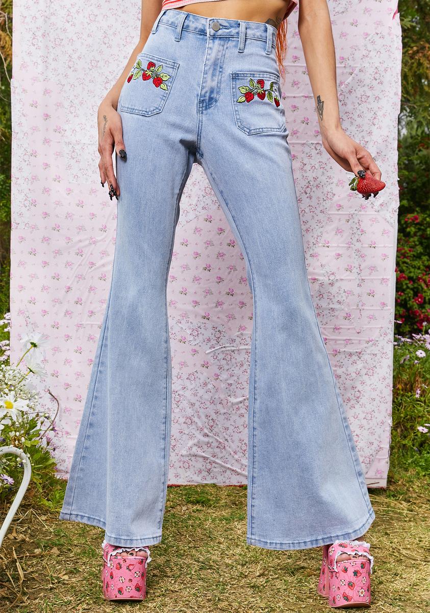 Dolls Kill X Strawberry Shortcake Denim Embroidered High Rise Flare Jeans - Blue