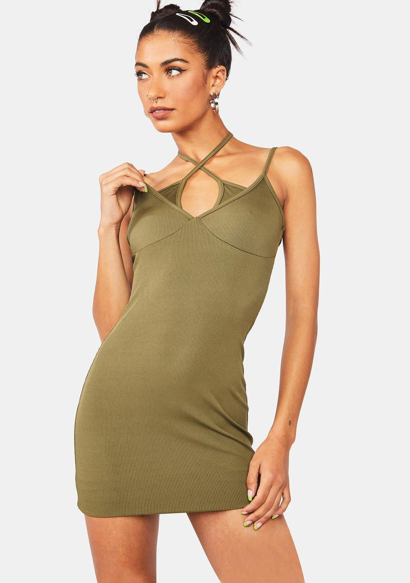 By Dyln Ribbed Cross Front Mini Dress - Khaki Dolls Kill By Dyln Ribbed Cross Front Mini Dress - Khaki Dolls Kill