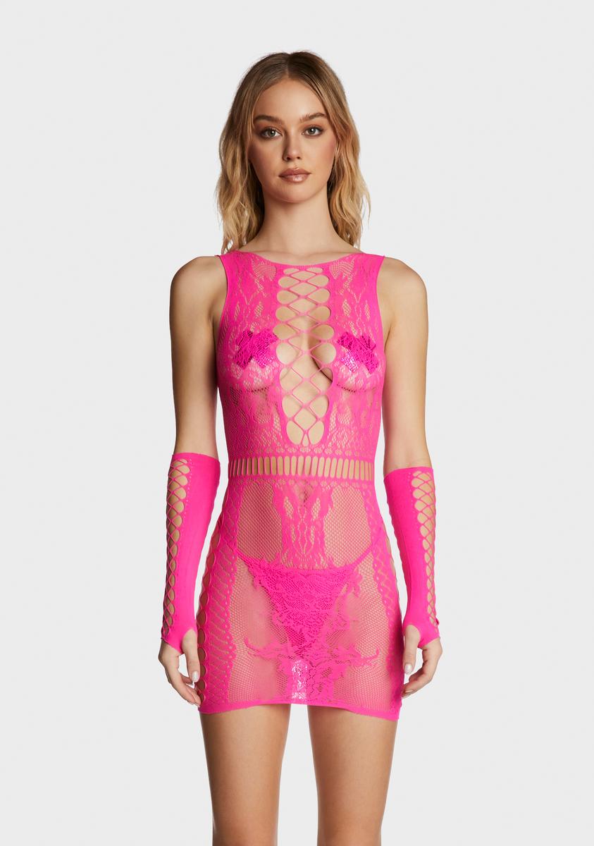 Fishnet Bodystocking Dress Glove Set - Dark Pink Fishnet Bodystocking Dress Glove Set - Dark Pink