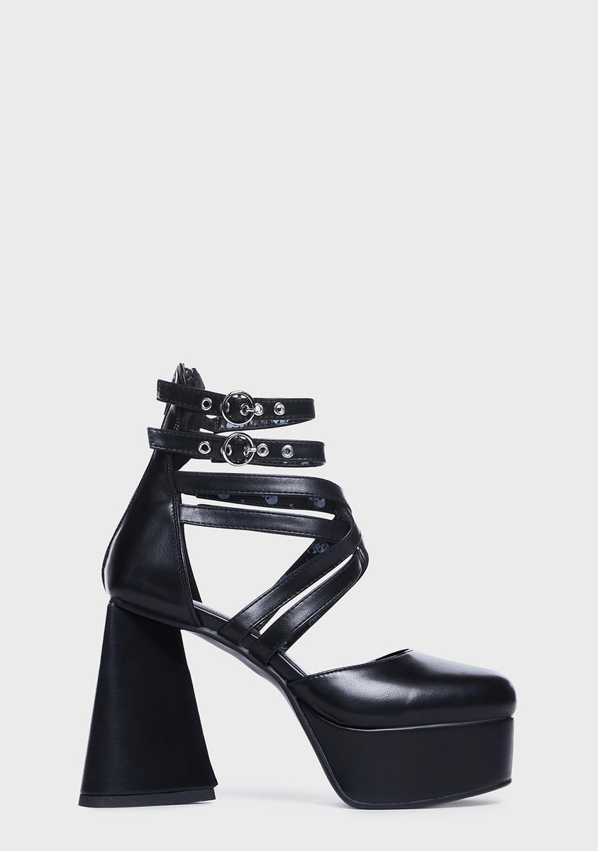 Lamoda Vegan Leather Strappy Platform Heart Shaped Heels - Black