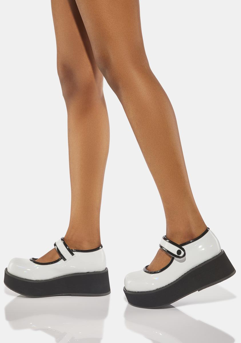 Demonia Contrast Piping Platform Mary Janes White Holo Patent