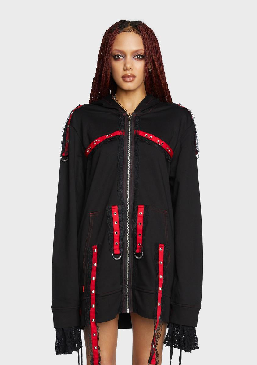 Tripp NYC Red Strappy Zip Up Hoodie - Black – Dolls Kill