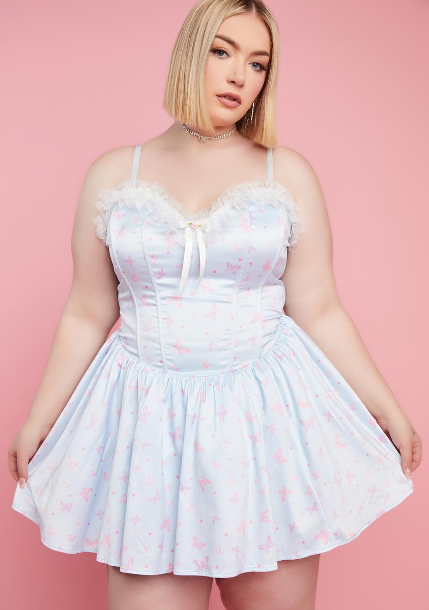 Sugar Thrillz Plus Size Butterfly Print Corset Mini Dress - Light Blue Dolls Kill Sugar Thrillz Plus Size Butterfly Print Corset Mini Dress - Light Blue Dolls Kill