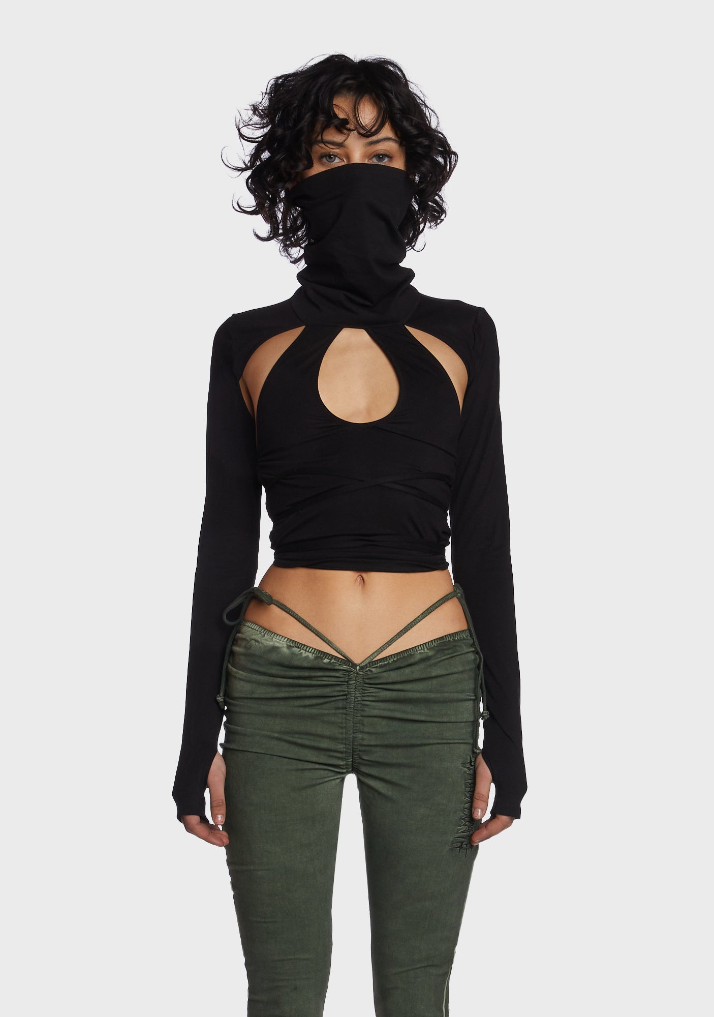 DARKER WAVS Cutout Cowl Neck Crop Top - Black