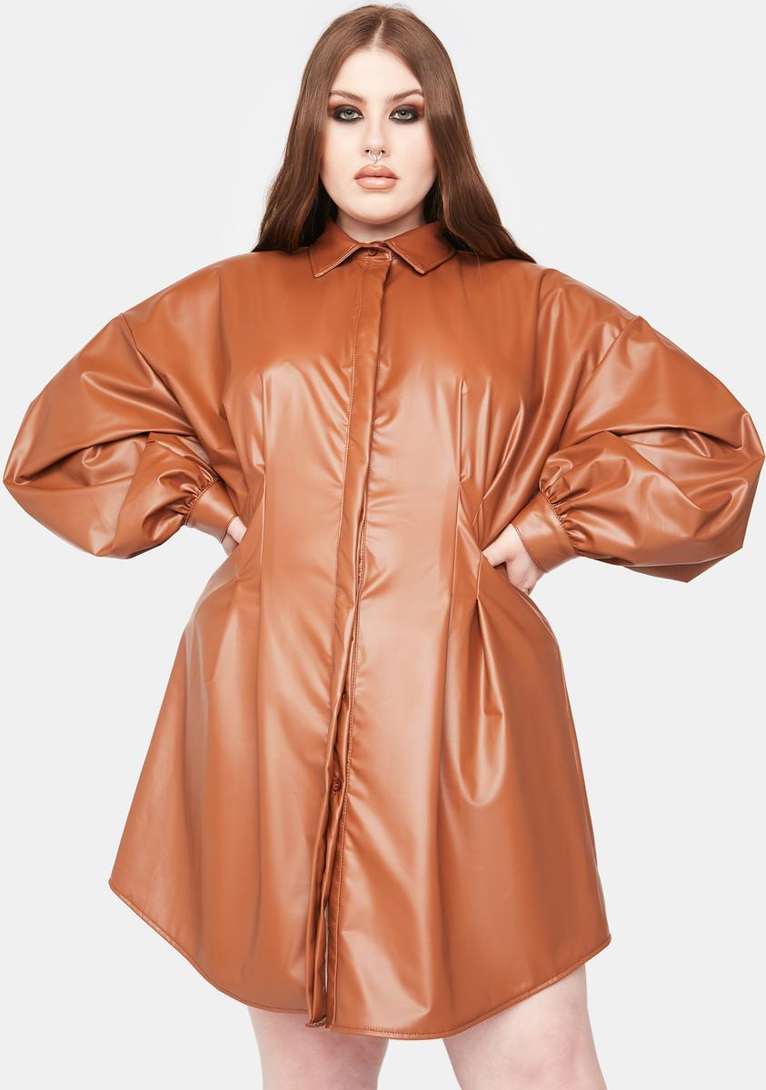 Plus Size Vegan Leather Oversized Balloon Sleeve Shirt Dress - Brown Dolls Kill Plus Size Vegan Leather Oversized Balloon Sleeve Shirt Dress - Brown Dolls Kill