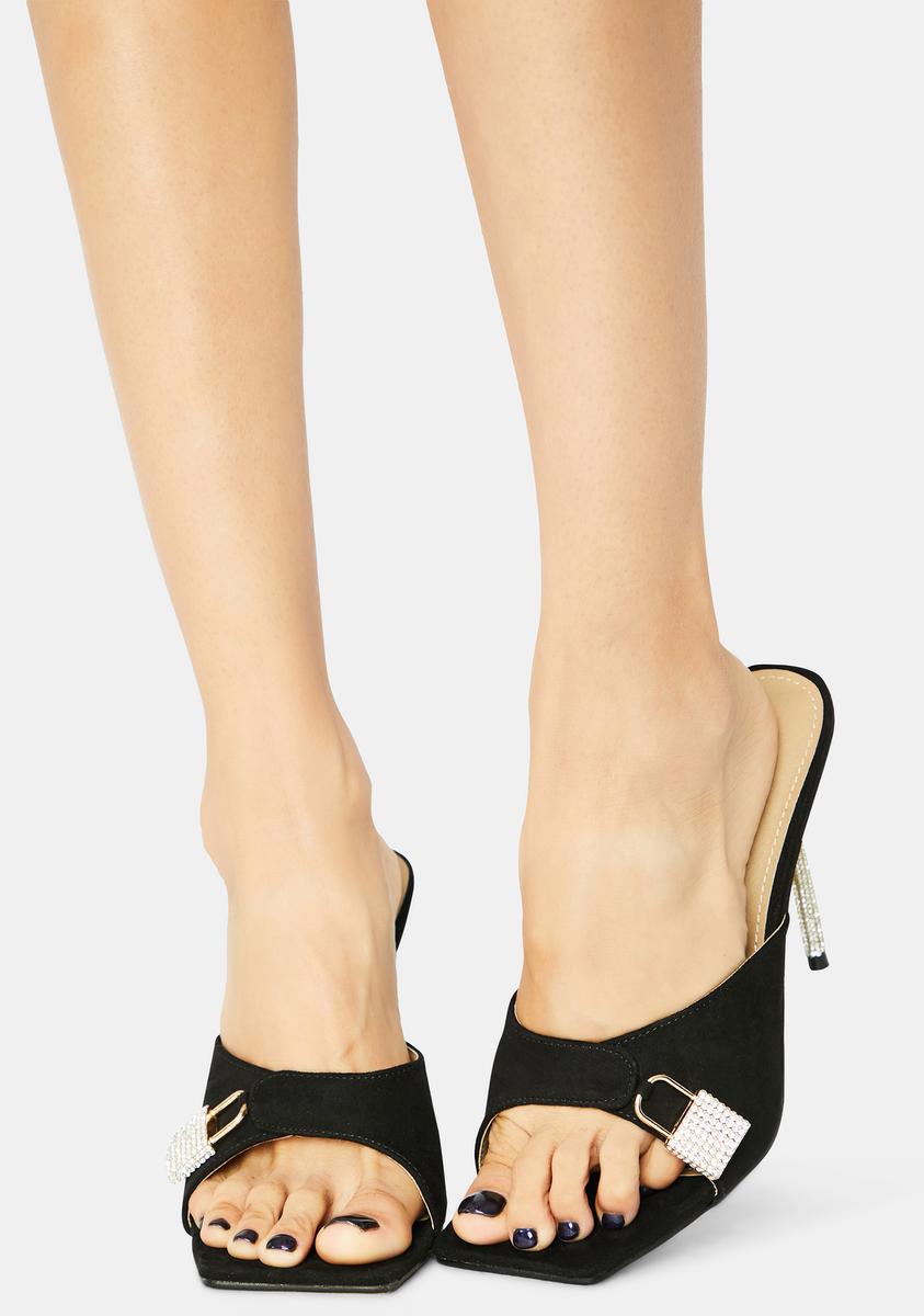 Rhinestone Glitter Heel Lock Charm Peep Toe Kitten Heels - Black