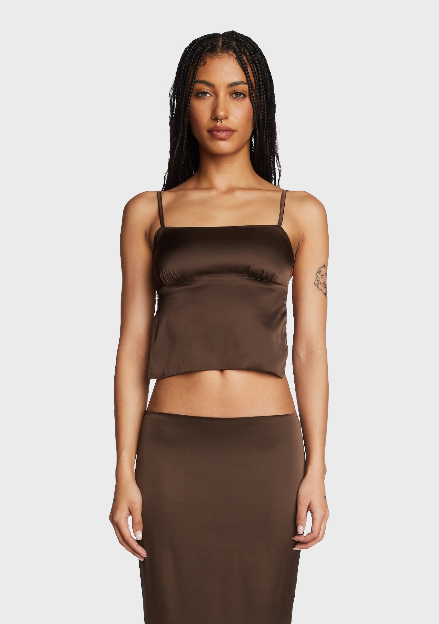 Edikted Satin Crop Open Back Tank Brown