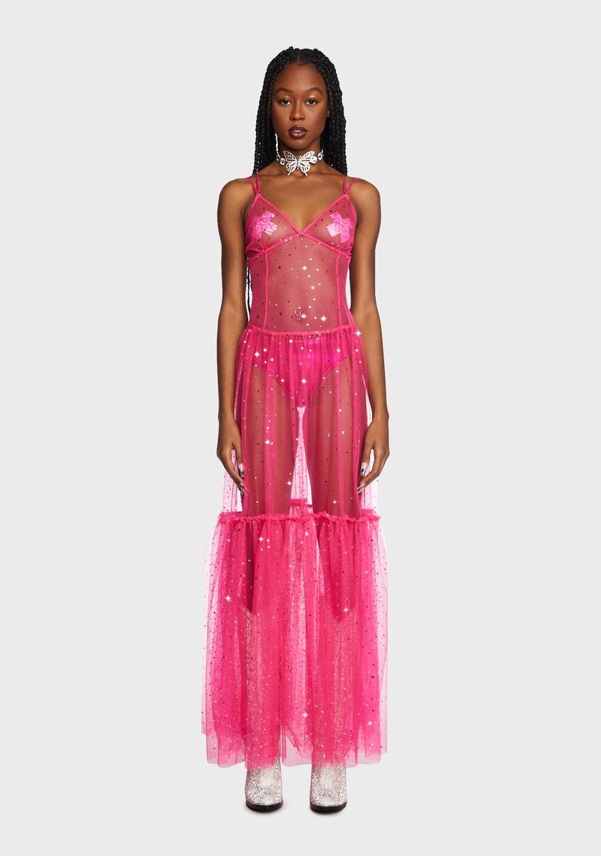 Club Exx Sheer Mesh Glitter Stars And Moon Maxi Dress - Pink Dolls Kill Club Exx Sheer Mesh Glitter Stars And Moon Maxi Dress - Pink Dolls Kill