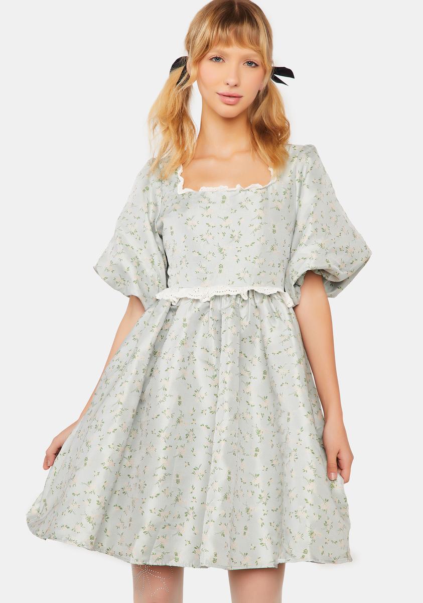 Sister Jane Jacquard Floral Print Puffy Sleeve Mini Dress