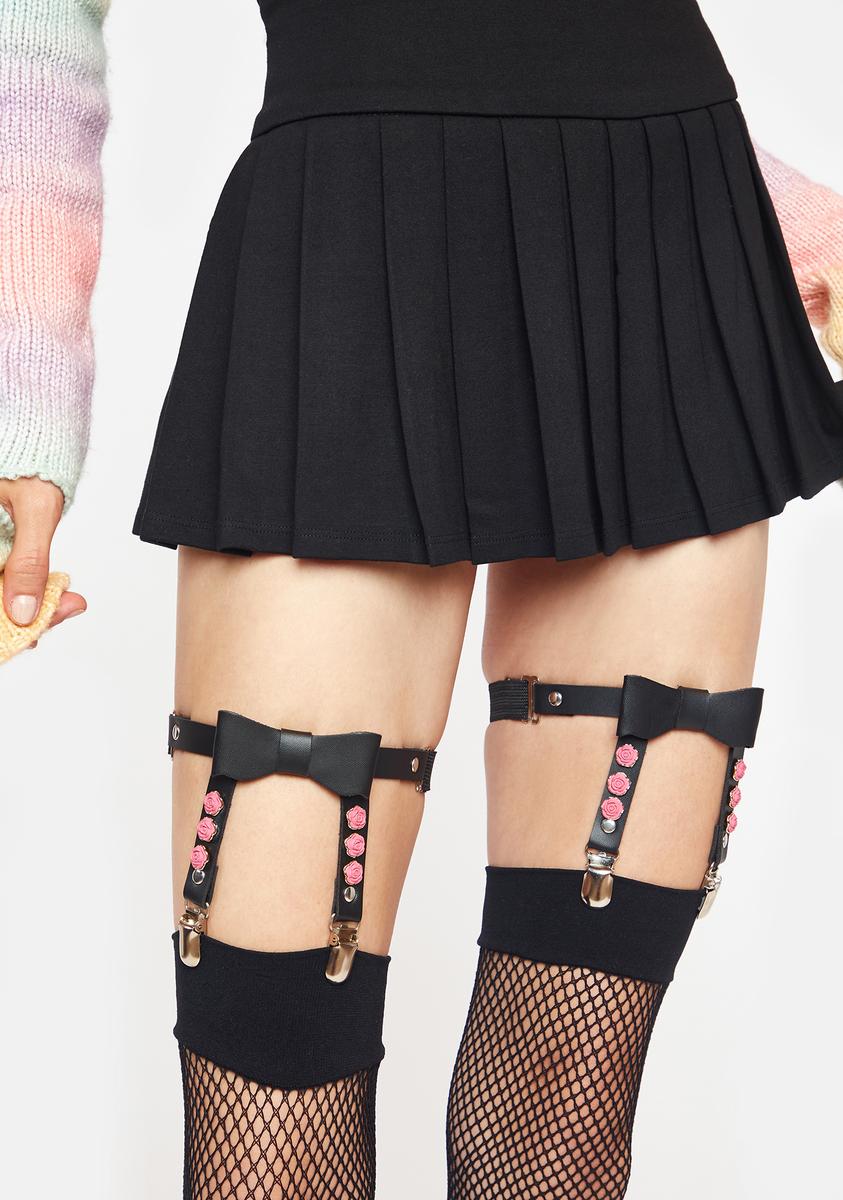 Faux Leather Leg Garter With Bows And Roses - Black/Pink  Dolls Kill