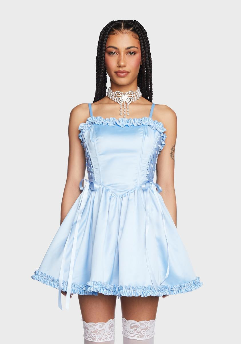 Sugar Thrillz Satin Ruffle Corset Mini Dress - Light Blue