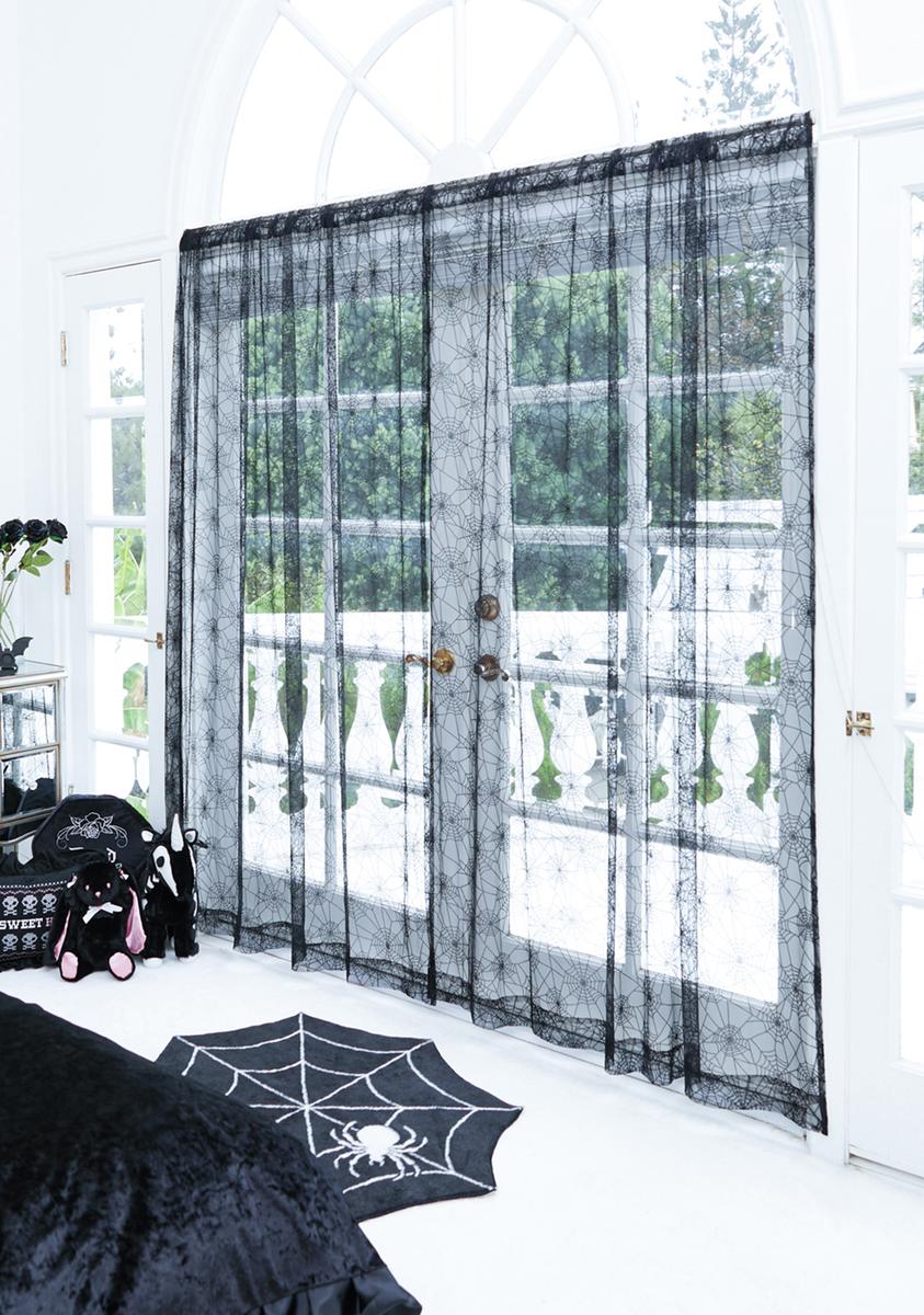 Dolls Home Two Sheer Spider Web Print Curtains - Black