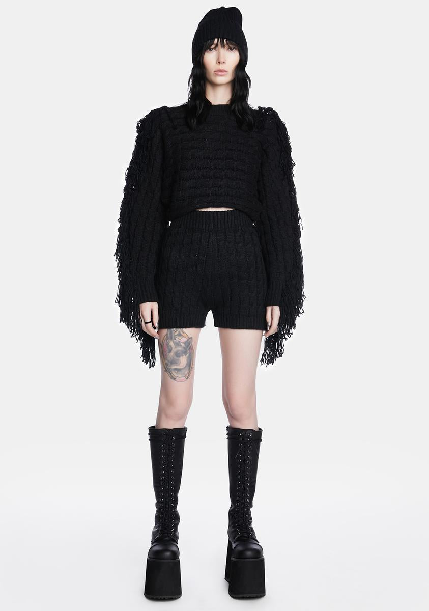 Cable Knit Fringe Shorts Set Black Dolls Kill