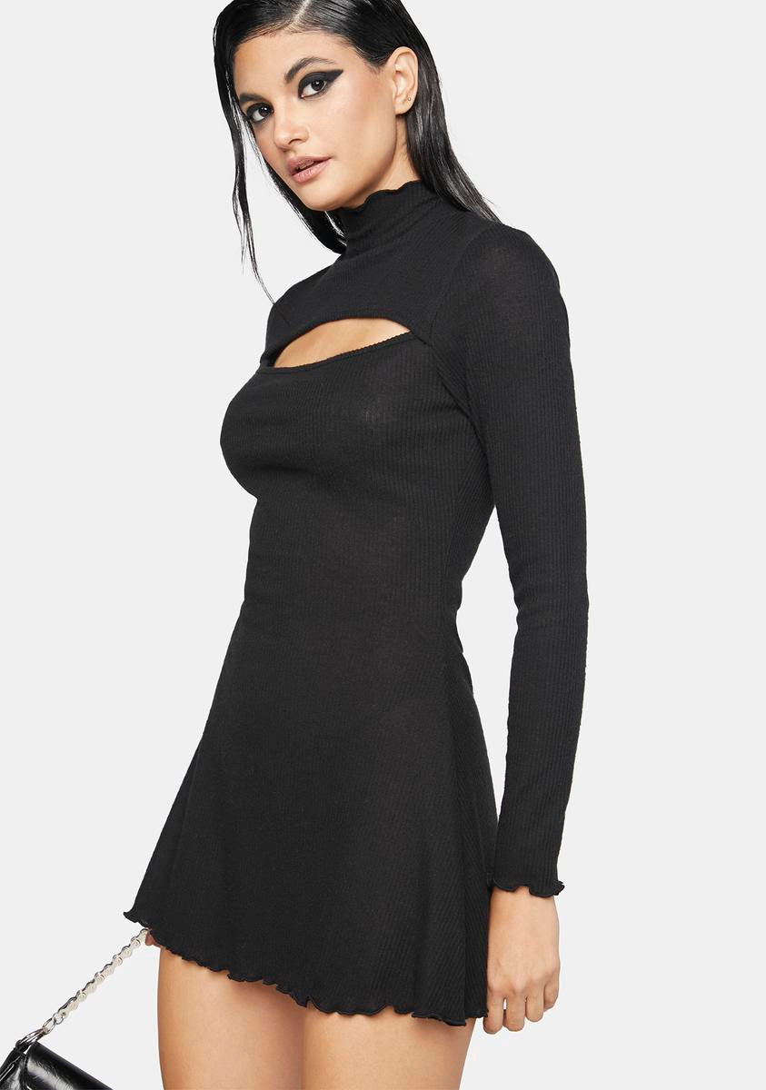 streetwear dress to impress Long Sleeve A Line Lettuce Trim Keyhole Mock Neck Mini Dress – Dolls Kill