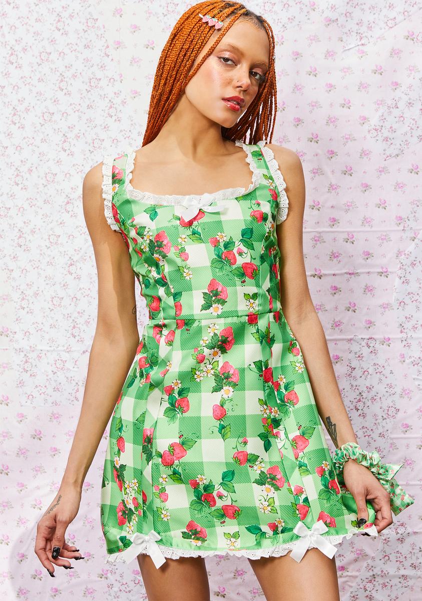 Dolls Kill X Strawberry Shortcake Gingham Strawberry Print Mini Dress - Green/Pink Dolls Kill X Strawberry Shortcake Gingham Strawberry Print Mini Dress - Green/Pink