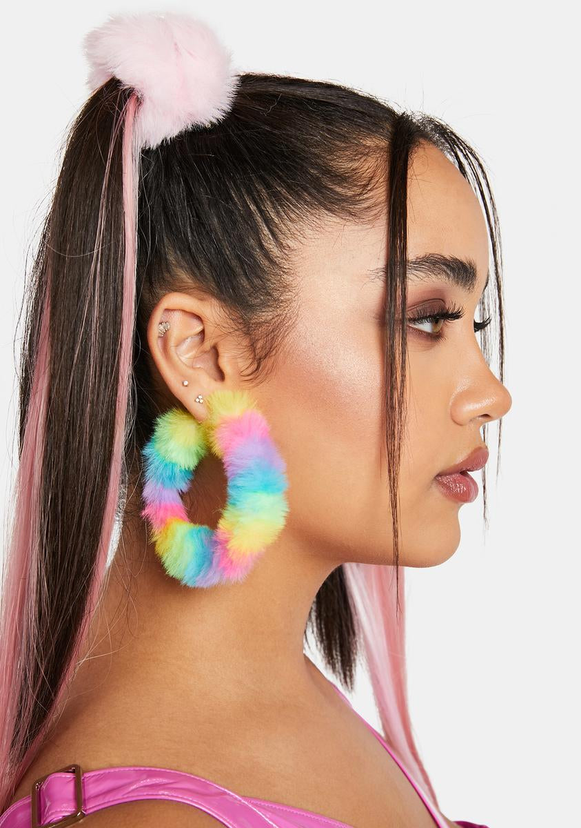 Neon Faux Fur Hoop Earrings Rainbow – Dolls Kill