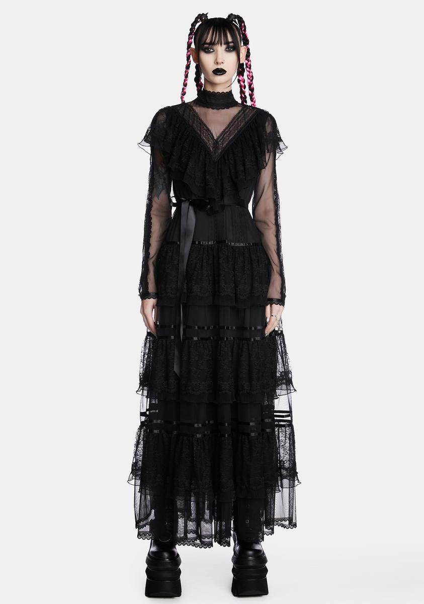 Widow Sheer Lace Trim Tiered Maxi Dress - Black