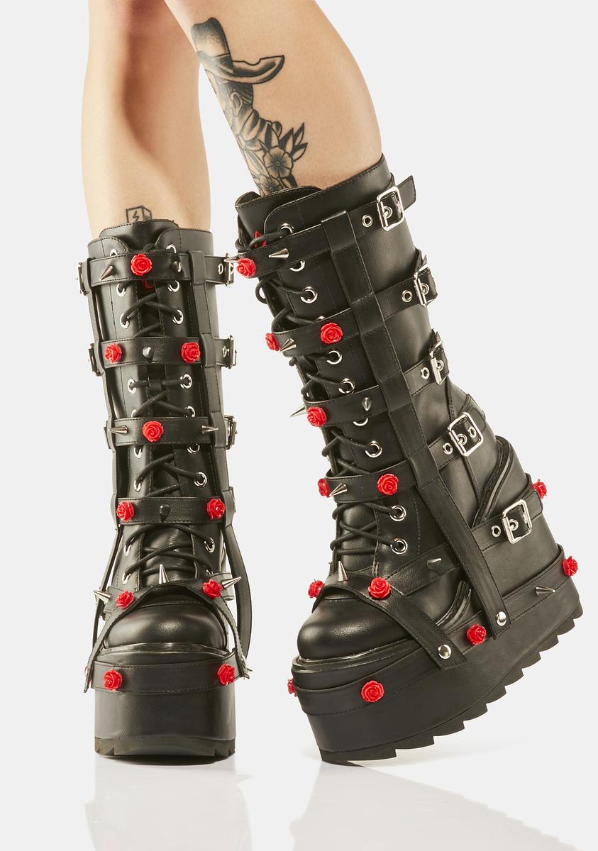 YRU Rose Bondage Platform Boots - Black