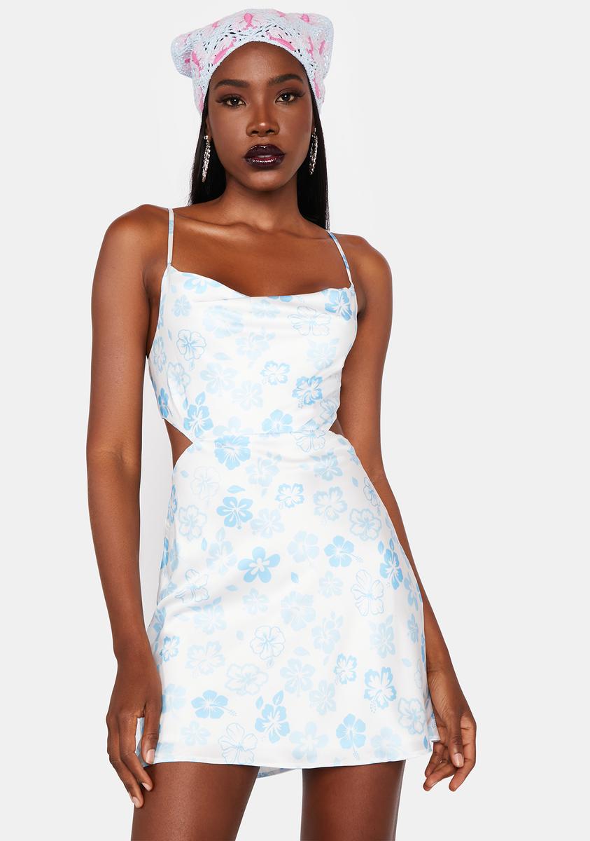 Satin Cowl Neck Cutout Hawaiian Print Mini Dress - Blue Dolls Kill Satin Cowl Neck Cutout Hawaiian Print Mini Dress - Blue Dolls Kill