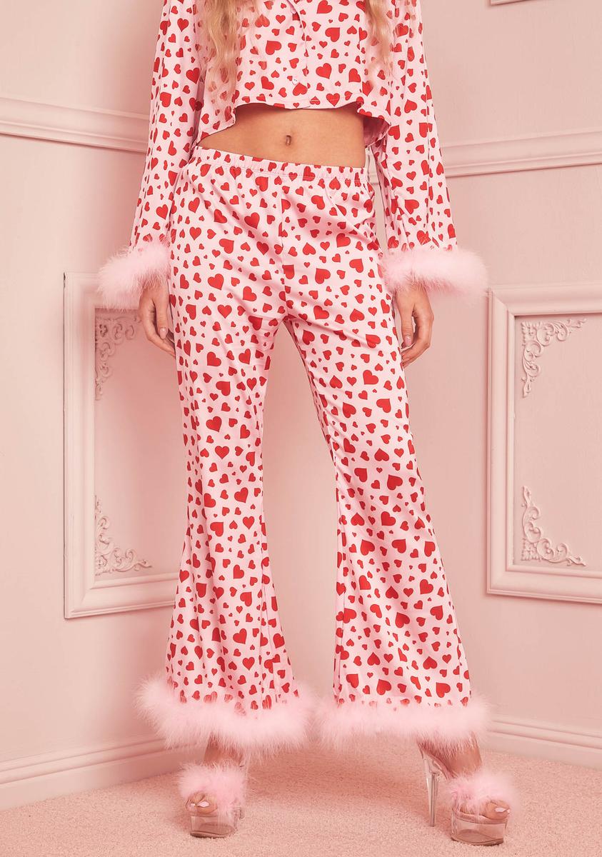 Sugar Thrillz Heart Print Marabou Pajama Pants - Pink