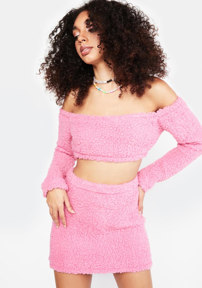Faux Fur Off Shoulder Long Sleeve Crop Top And Mini Skirt Set Pink