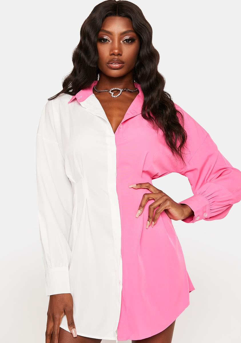Sheath Dress White And Black Color Block Dress Split Color Oversized Shirt Dress Pink/White Dolls Kill Sheath Dress White And Black Color Block Dress Split Color Oversized Shirt Dress Pink/White Dolls Kill