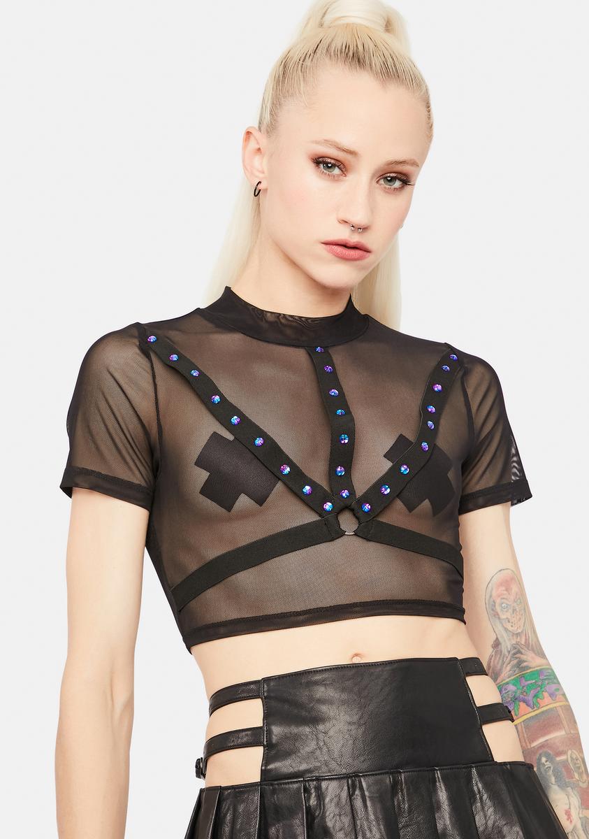 Harness Style Sheer Rhinestone Studded Mock Neck Crop Top