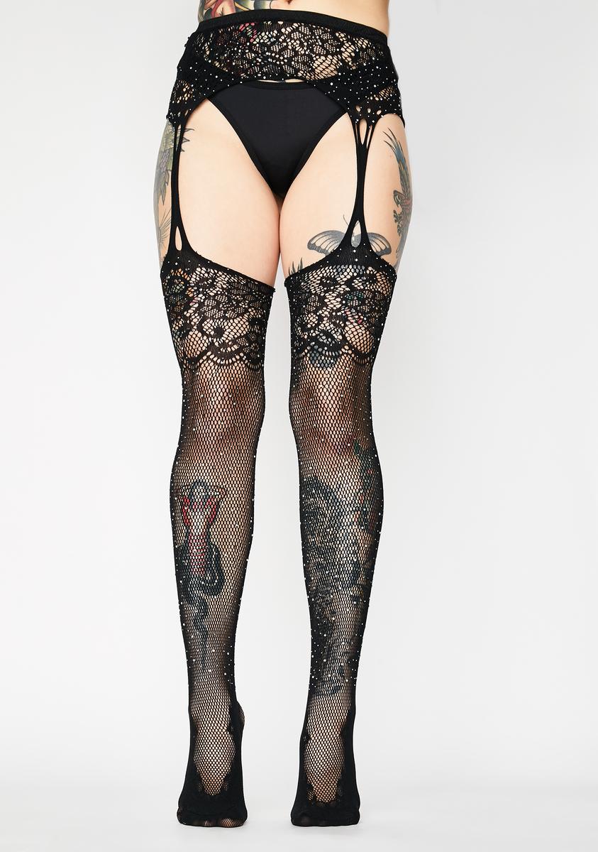 black garter belt and stockings Rhinestone Fishnet Thigh High Garter Tights