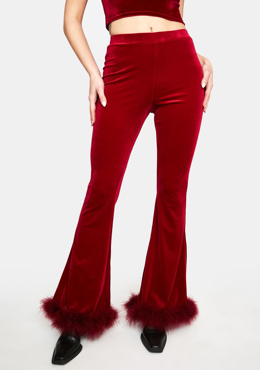 Faux Fur Trim Velvet Flare Pants Red – Dolls Kill