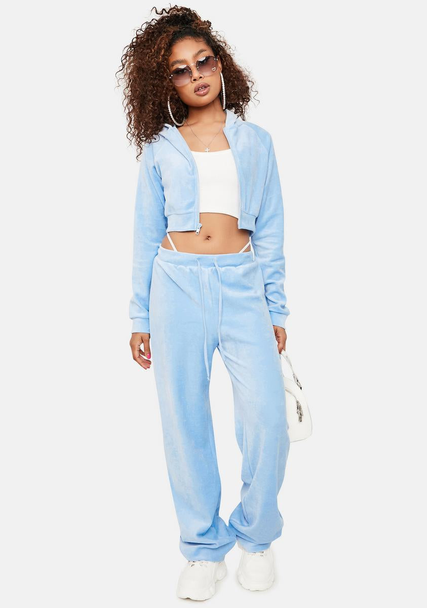 Velour Crop Hoodie And Tracksuit Pants Set Baby Blue – Dolls Kill