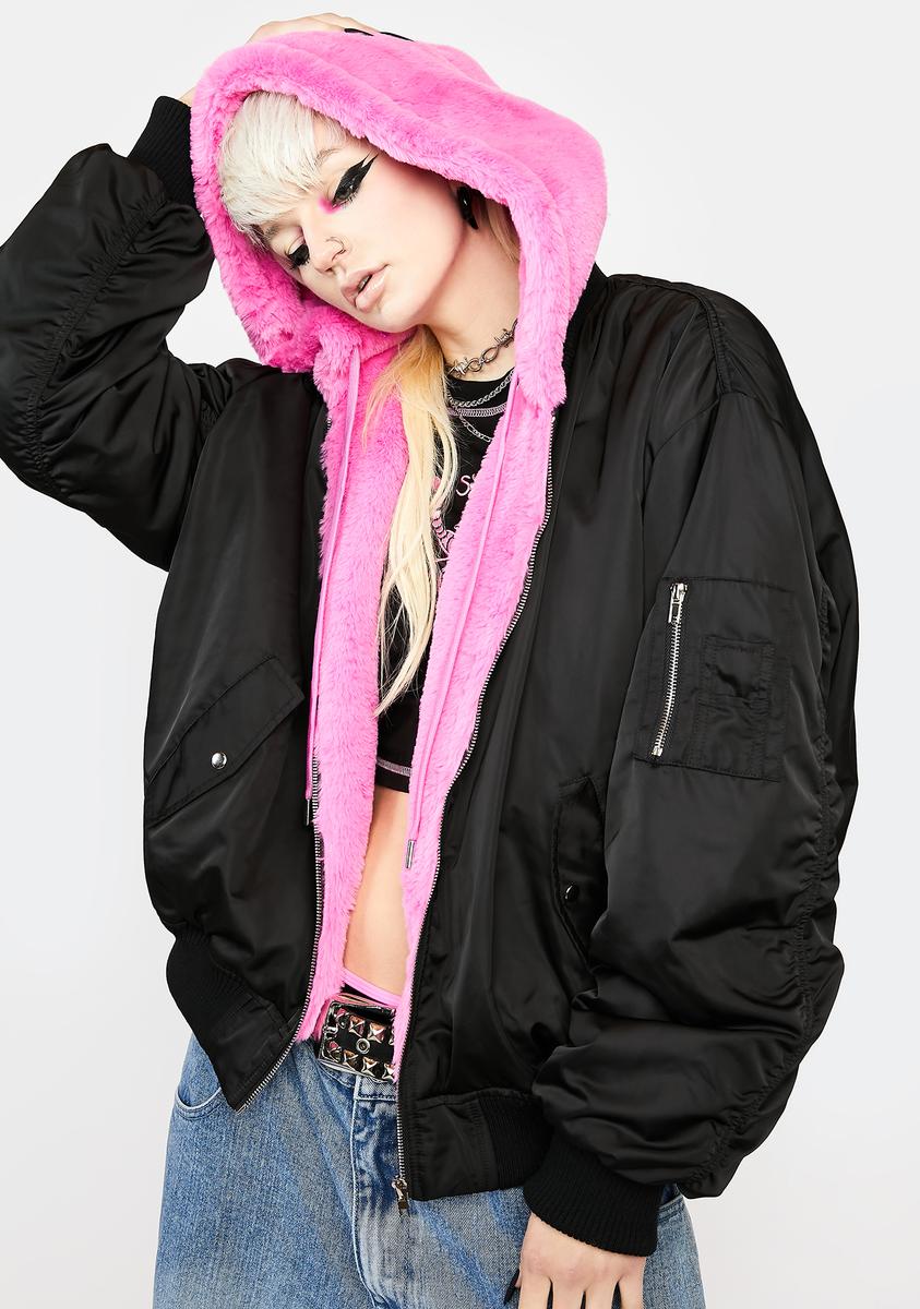 Horoscopez Faux Fur Lined Bomber Jacket - Black/Hot Pink