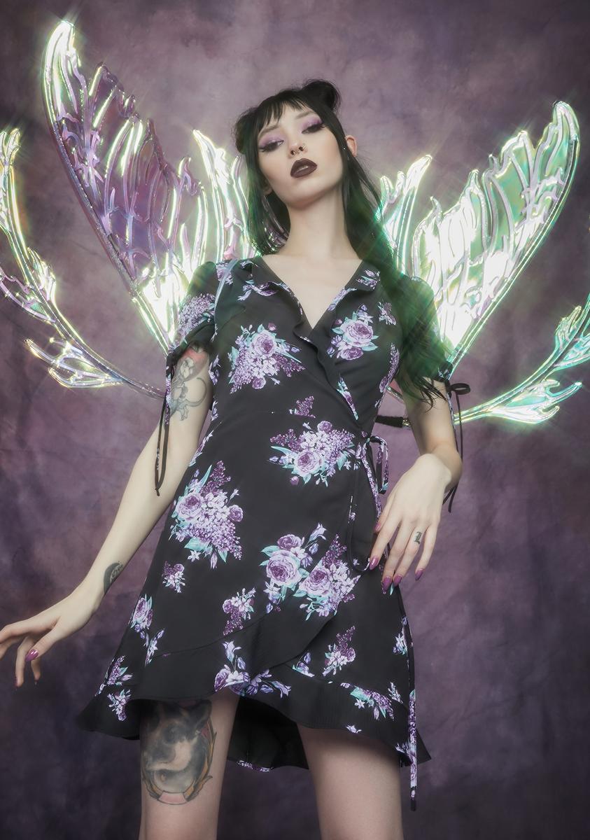 Widow Fairy Lace Wraparound Ruffle Floral Mini Dress