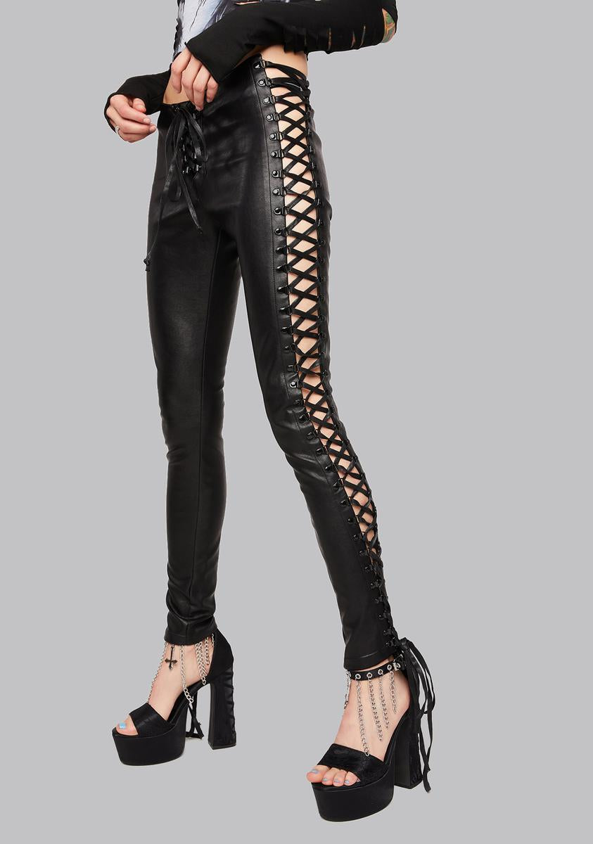 Widow Vegan Leather Lace Up Leggings - Black