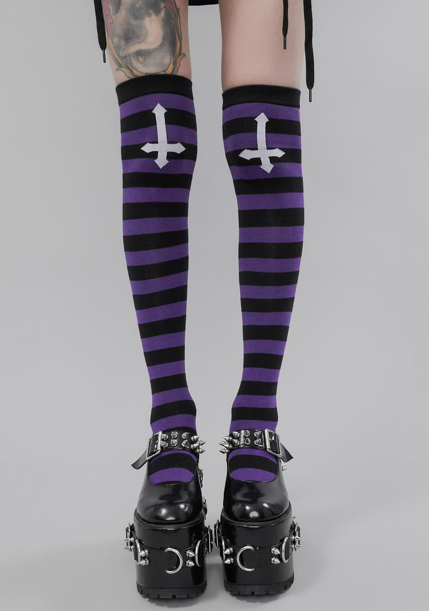 Purple and black striped thigh high socks online