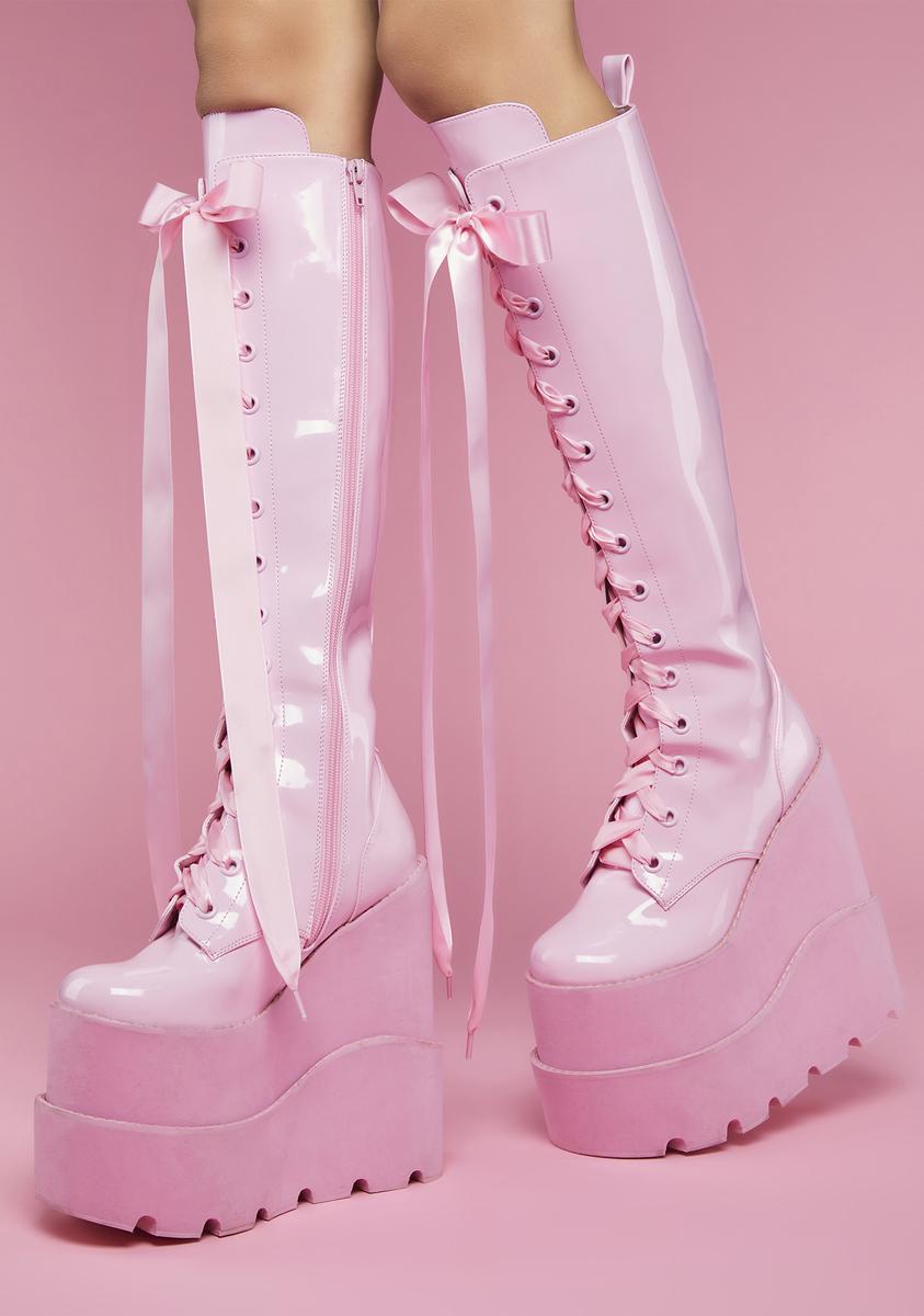 Sugar Thrillz Ribbon Lace Up Knee High Platform Boots - Pink