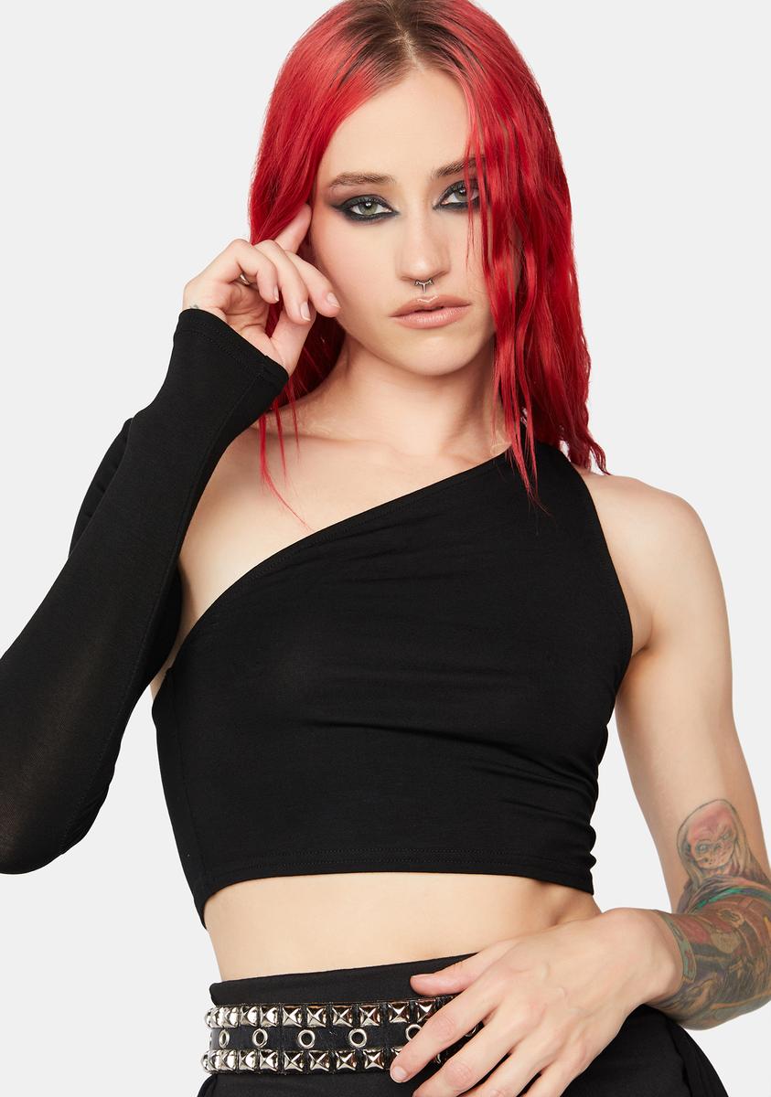 Asymmetrical One Shoulder Long Sleeve Crop Top Black – Dolls Kill