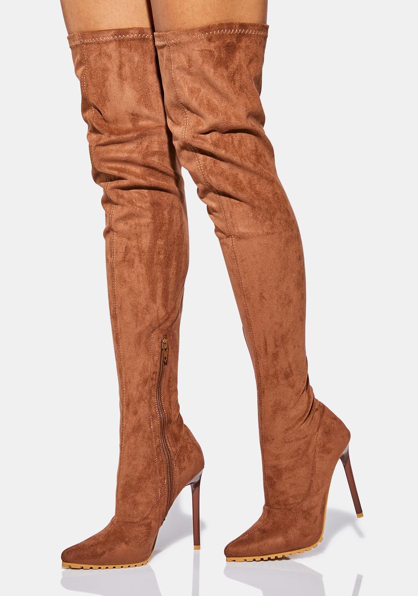 Vegan Suede Thigh High Stiletto Heeled Boots Brown – Dolls Kill