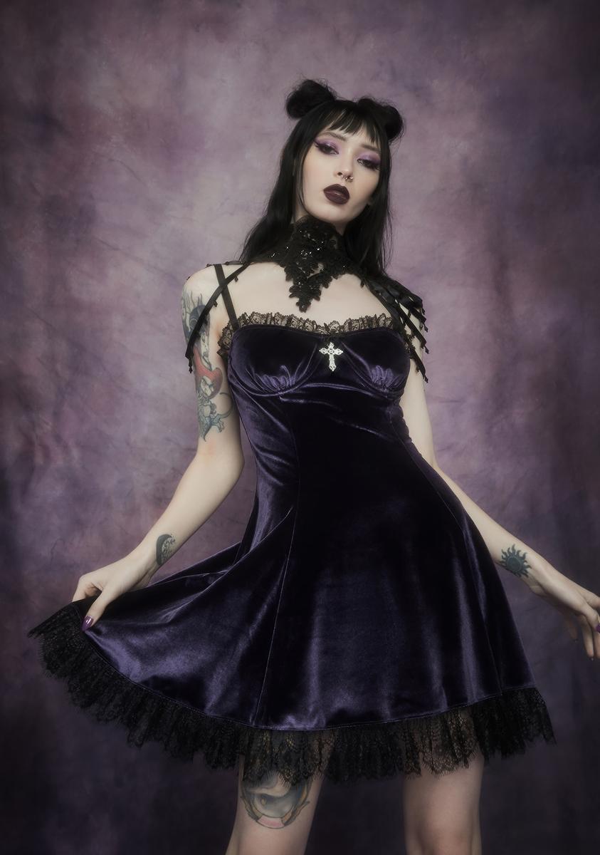 Widow Velvet Cross Charm Lace Trim Mini Dress - Dark Purple Dolls Kill Widow Velvet Cross Charm Lace Trim Mini Dress - Dark Purple Dolls Kill