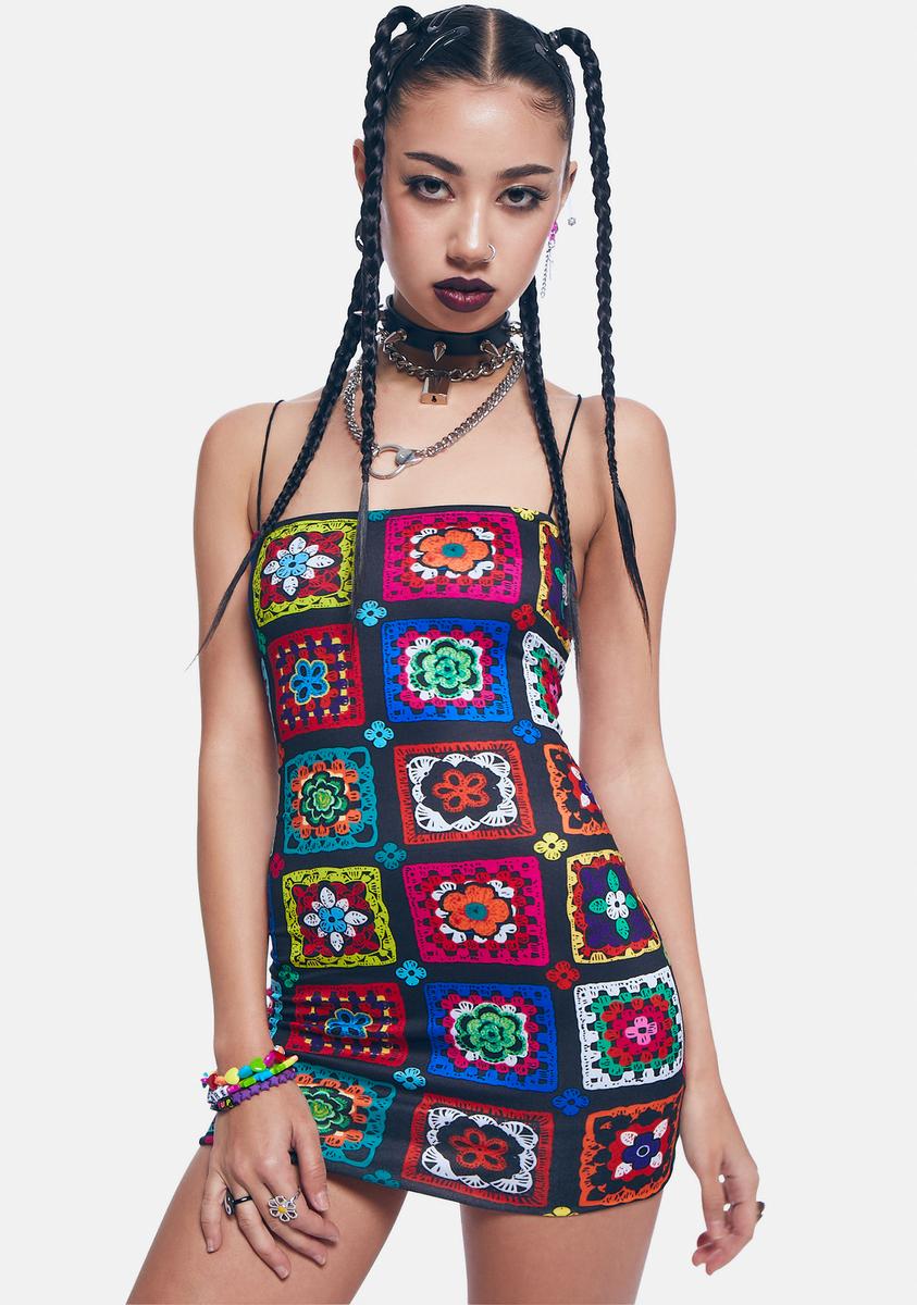 Crochet Granny Square Print Bodycon Sleeveless Dress - Rainbow Dolls Kill Crochet Granny Square Print Bodycon Sleeveless Dress - Rainbow Dolls Kill