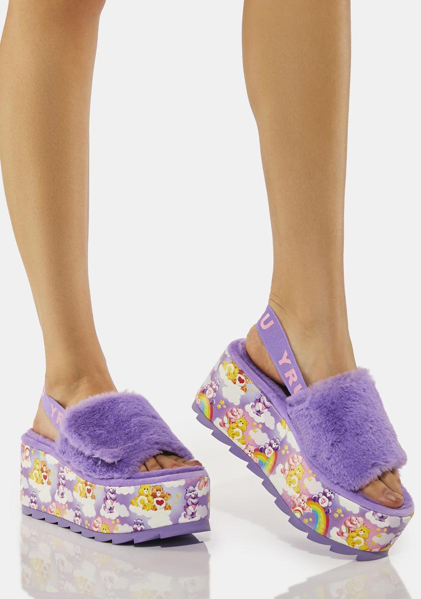 YRU Care Bears Faux Fur Platform Slides Lavender – Dolls Kill