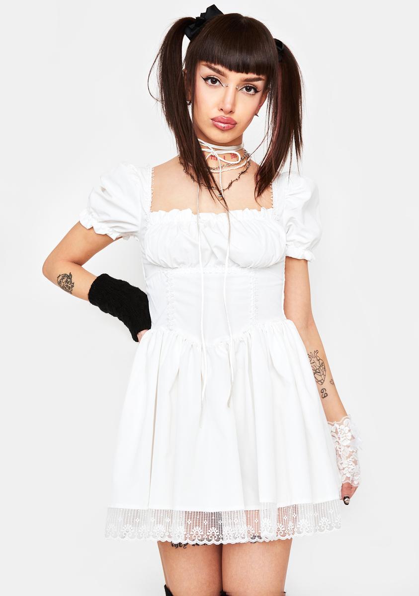 white babydoll dress with puff sleeves Puff Sleeve Lace Trim Babydoll Dress