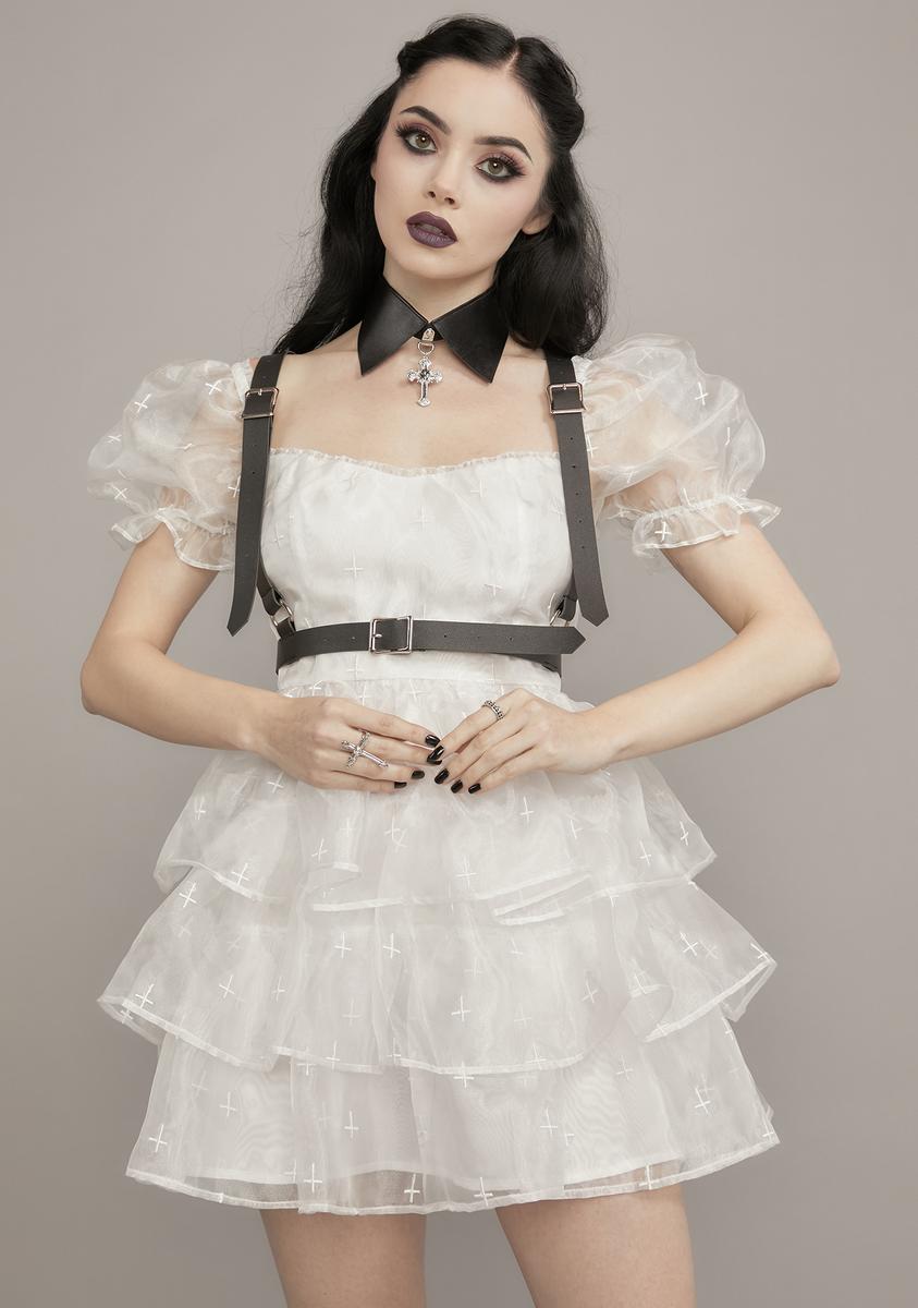 Widow Puff Sleeve Organza Dress With Cross Embroidery And Faux Leather Harness -White – Dolls Kill