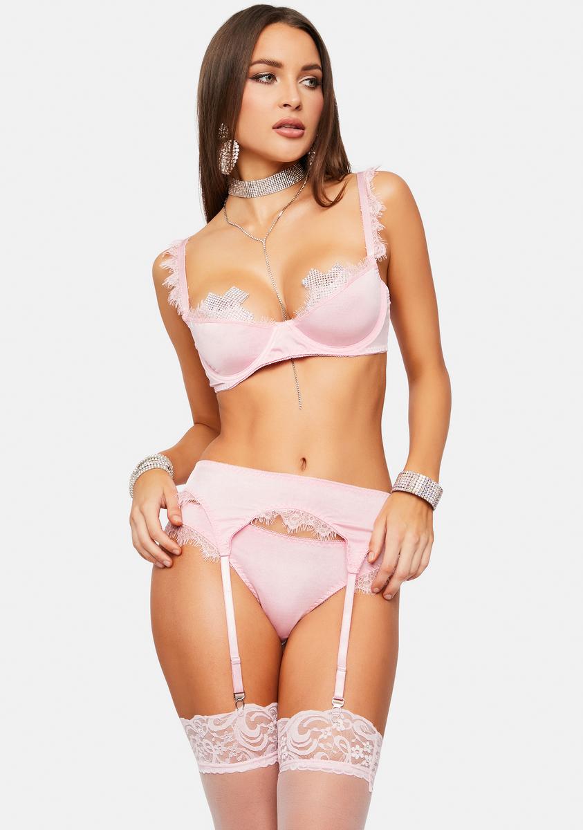Lace Trim Underwire Bra Panty And Garter Belt Lingerie Set