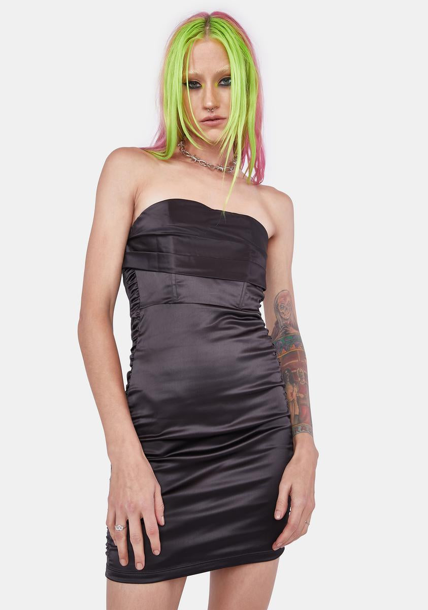 Satin Ruched Bodycon Dress - Black Dolls Kill Satin Ruched Bodycon Dress - Black Dolls Kill