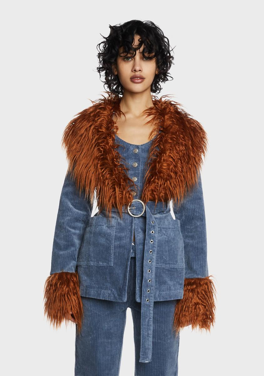 Milk It Corduroy Faux Fur Coat Blue Dolls Kill