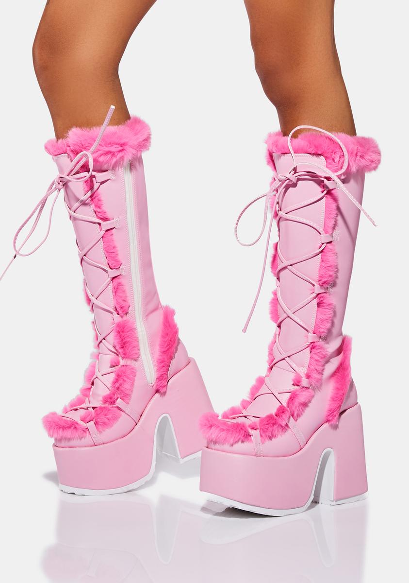 Demonia Camel-311 Faux Fur Knee High Platform Boots - Pink