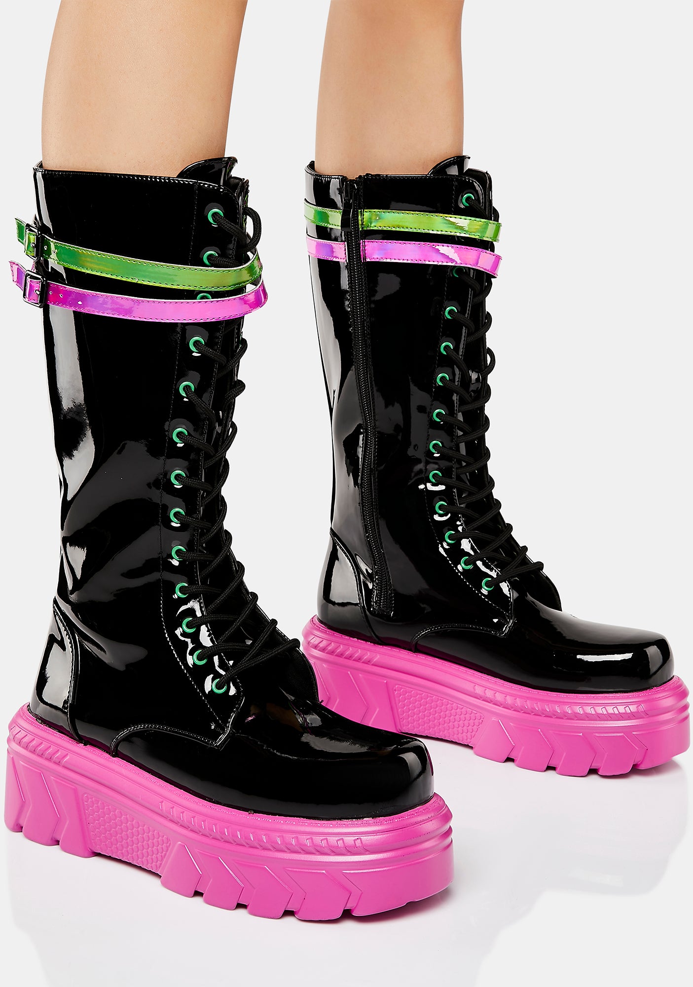 Koi Footwear Neon Detail Calf High Combat Boots - Black/Pink