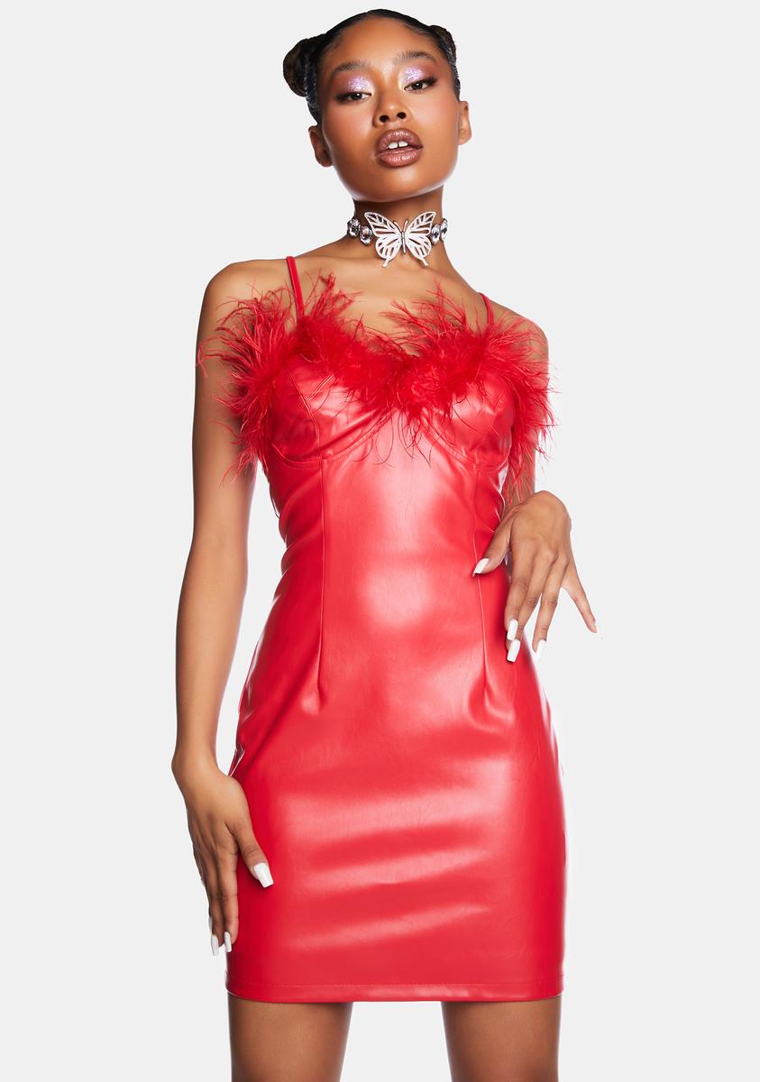 chinese dress ladies Vegan Leather Marabou Feather Mini Dress chinese dress ladies Vegan Leather Marabou Feather Mini Dress
