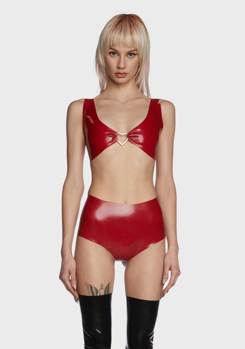 Behind Closed Drawers Heart Ring Latex Bra Top - Red